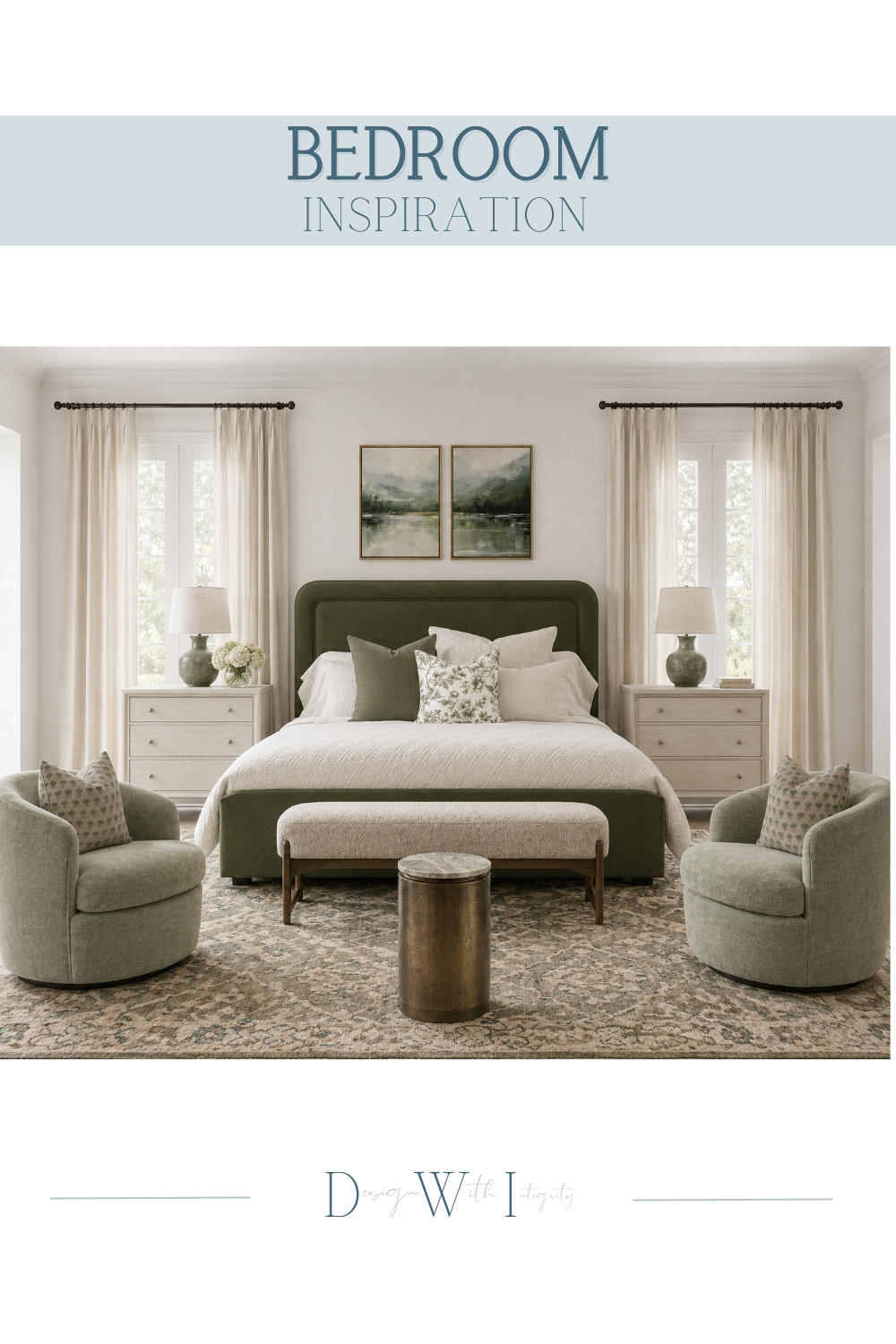 There is something timeless about a bedroom layered in soft neutrals and earthy olive tones. This space was designed to feel calm, elevated, and quietly luxurious with a deep olive upholstered bed, creamy textured bedding, vintage inspired rugs, and warm wood accents that create an effortless balance between cozy and refined. The symmetry of the styling paired with soft natural light makes this room feel like the perfect retreat at the end of the day.

This bedroom concept was inspired by a digital mood board and thoughtfully generated with AI as a source of design inspiration. If you love collected organic interiors with layered textures and muted color palettes, shop the look on LTK for furniture, bedding, lighting, artwork, and decor styling details.

Tap through to shop the post and recreate this relaxed bedroom aesthetic in your own home.

#bedroominspo #organicmodernhome #ltkhome 

 #LTKHome