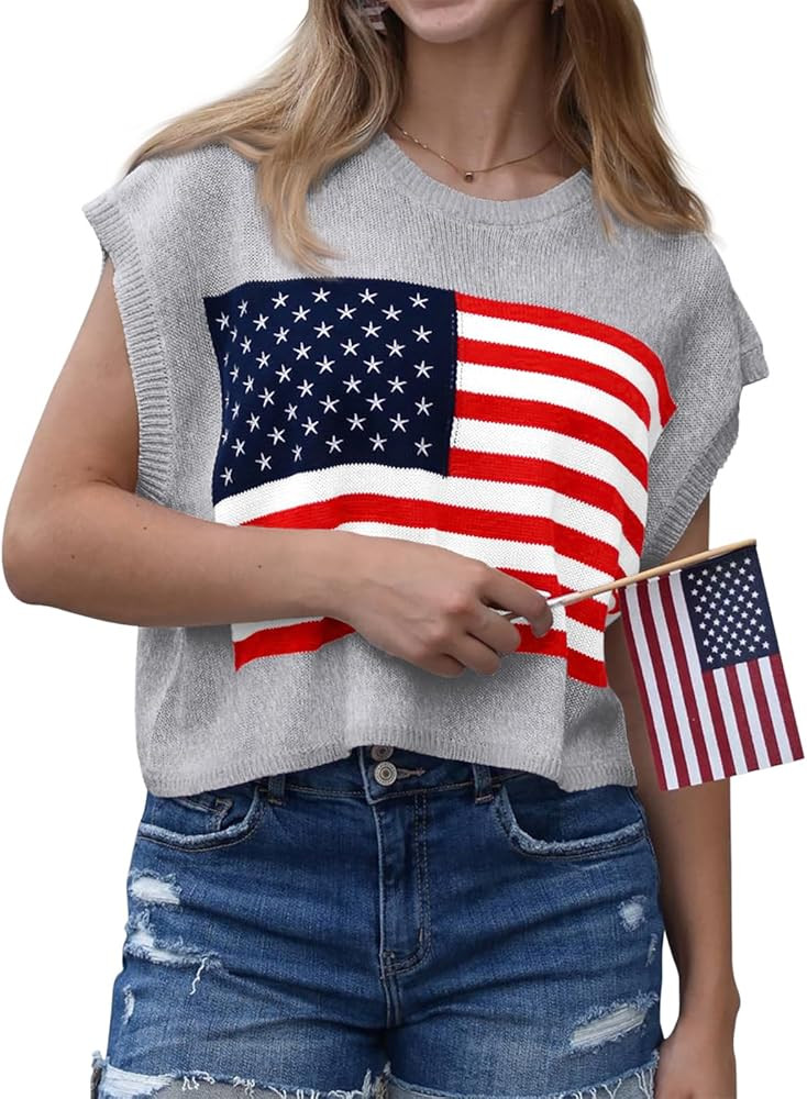 Womens American Flag Sweater Cap Sleeve Summer Crop Tops Crew Neck Loose Fit Knit Sweater Pullove... | Amazon (US)