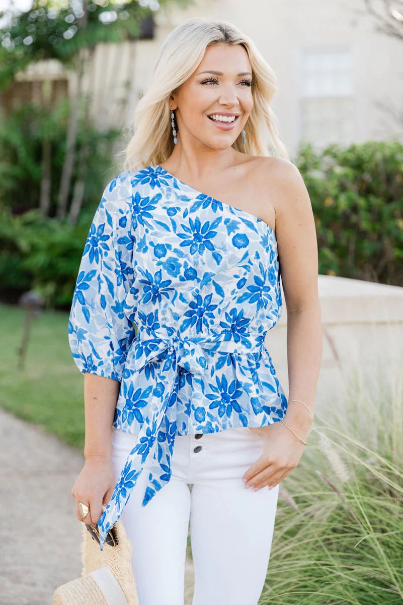 Out Of The Blue One Shoulder Blue Printed Blouse | Pink Lily