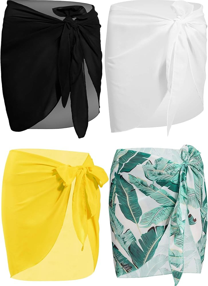 4 Pieces Women Chiffon Short Sarongs Cover Ups Beach Swimsuit Wrap Skirt, 4 Colors | Amazon (US)