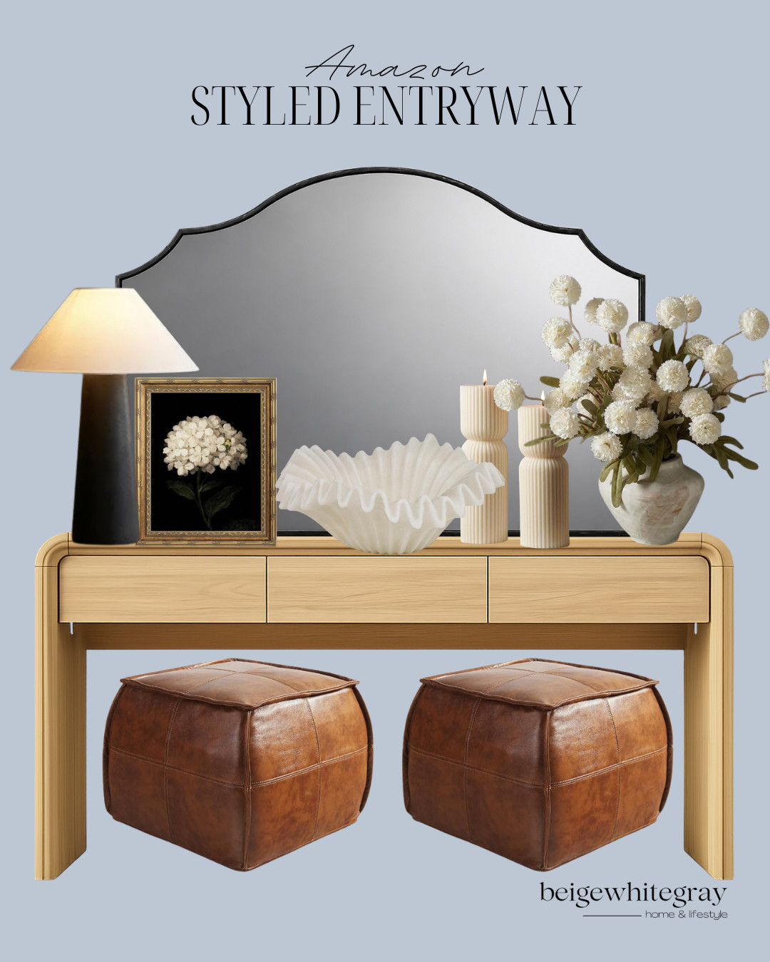 Styled Entryway, entryway decor, entryway styling, styled entryway, foyer decor ideas, console table decor, entryway table styling, Amazon home finds, Amazon entryway decor, scalloped mirror, black framed mirror, statement mirror, large wall mirror, modern traditional decor, transitional home decor, neutral home decor, blue gray decor, light wood console table, oak console table, foyer table decor, entryway inspiration, decorative table lamp, framed floral art, white floral arrangement, decorative vase, sculptural bowl, decorative candles, candle holders, leather poufs, brown leather ottoman, cozy entryway, welcoming foyer, home styling ideas, interior styling, elegant entryway, luxury look for less, timeless home decor, designer inspired decor, Amazon decor finds, foyer design inspiration, entryway makeover, home decor mood board, curated home aesthetic, beige white gray home decor, stylish entryway furniture

#LTKHome #LTKSaleAlert