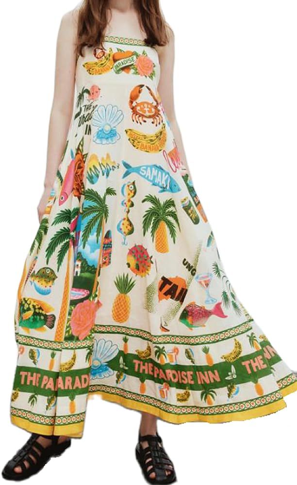 Women Boho Cami Long Dress Spaghetti Strap A Line Flowy Sundress Sleeveless Graffiti Print Maxi D... | Amazon (US)