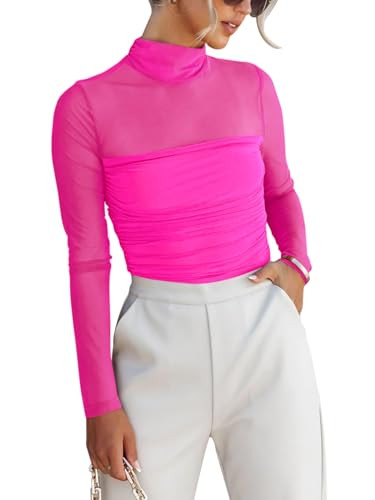 REORIA Women’s Fall Fashion Sexy Long Sleeve Mock Turtle Neck Sheer Mesh Slim Fit Ruched Night Out Leotard Bodysuits Tops Neon Rose Red Plus Size XX-Large | Amazon (US)
