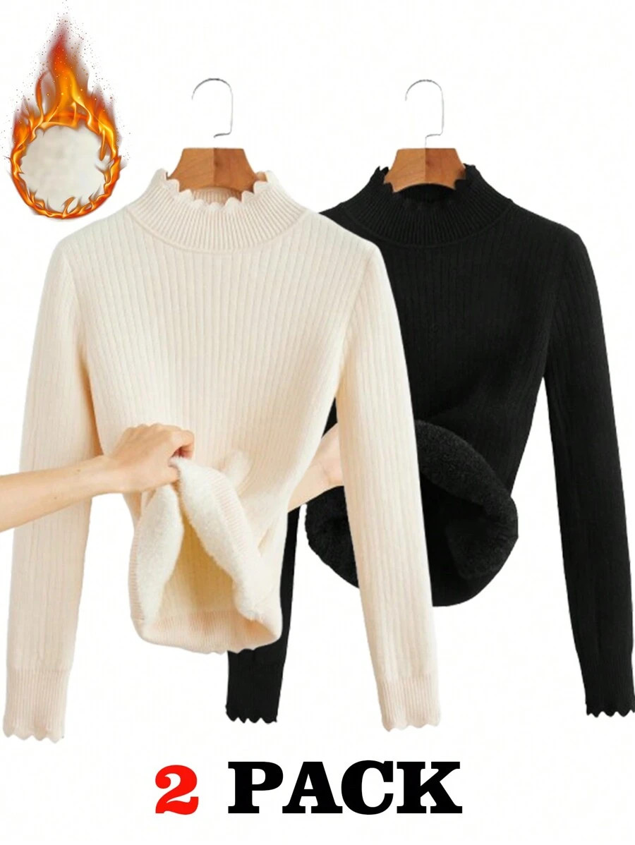 SHEIN Essnce Women's Solid Color Plush Stand Collar Long Sleeve Casual Sweater Long Sleeve Sweate... | SHEIN