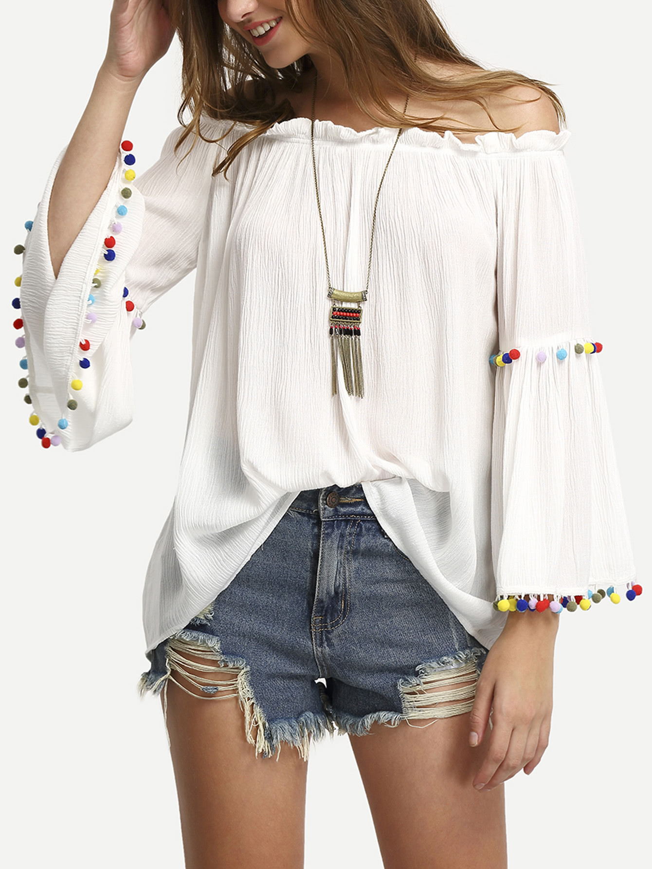 White Off The Shoulder Colored Pompom Trim Blouse | SHEIN