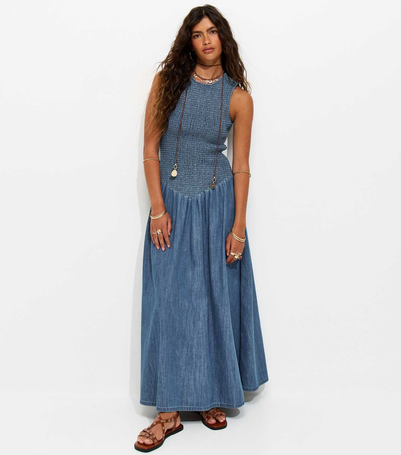 Blue Denim Shirred Dropped Waist Maxi Dress | New Look | New Look (UK)