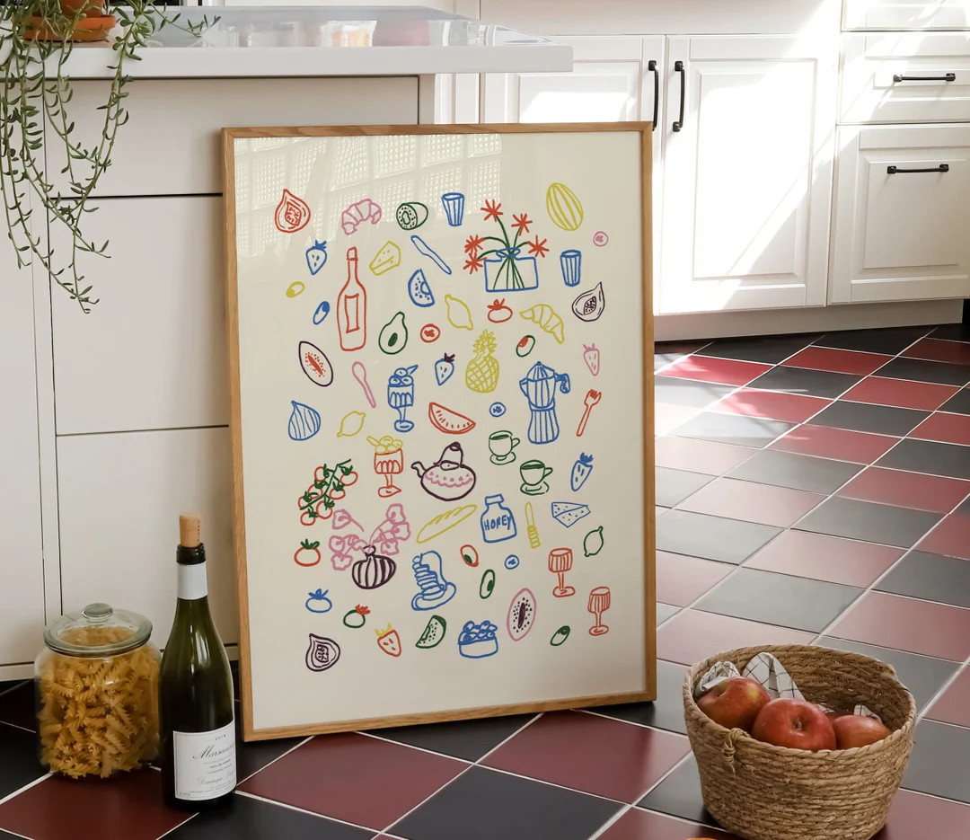Retro Breakfast Table Print, Food and Drinks Illustrations Poster, Maximalist Kitchen Gallery Wal... | Etsy (US)