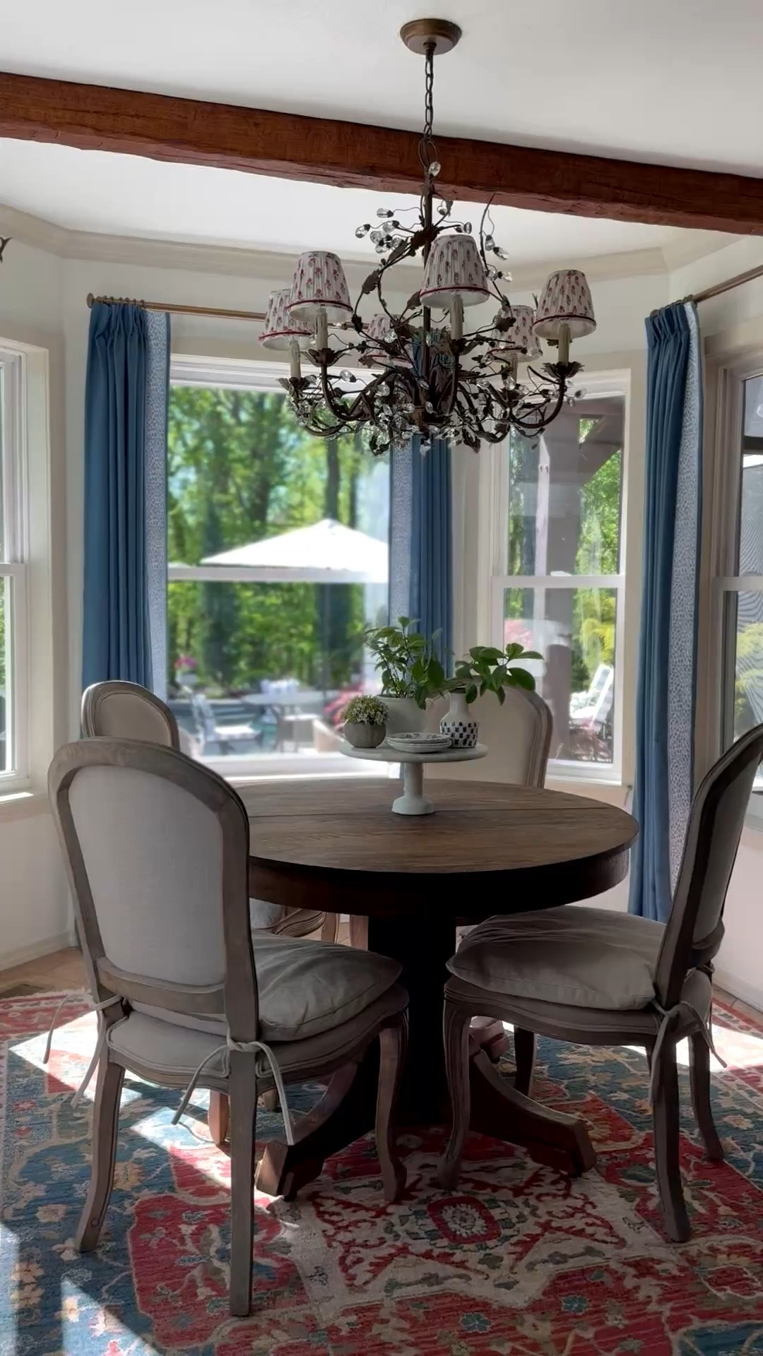Breakfast nook decor… custom blue linen curtains with cheetah leopard print border, custom antique bronze curtain rod with rings, crystal chandelier, pleated chandelier lampshades, rug, curved linen upholstered dining chairs with cushions 

#LTKSeasonal #LTKSaleAlert #LTKHome