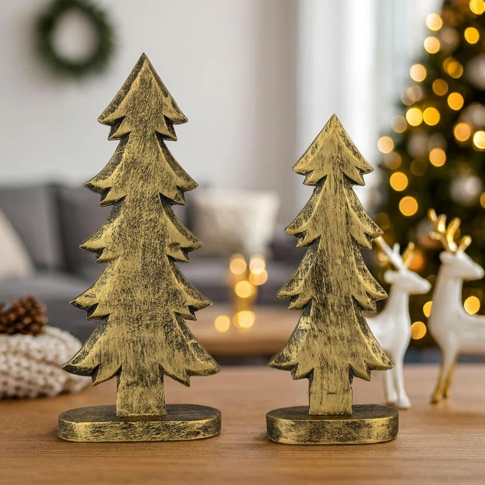 Christmas Tree Figurine Set (2 Pieces) – Gold – Wood / Rustic Tabletop & Mantel Centerpiece / Vintage Holiday Decor | Wayfair North America