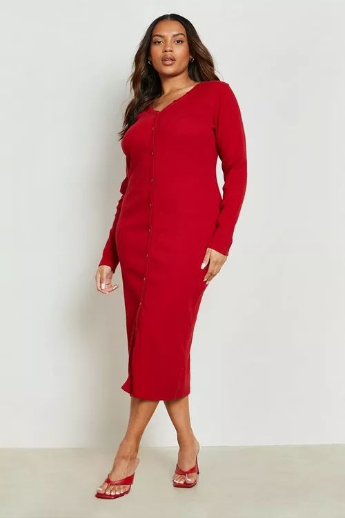 Plus Knitted Rib Button Through Midi Dress | Boohoo.com (US & CA)