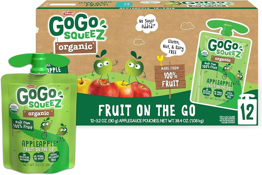 GoGo squeeZ Fruit on the Go Organic, Apple Apple, 3.2 oz (Pack of 12), Unsweetened Organic Fruit ... | Amazon (US)
