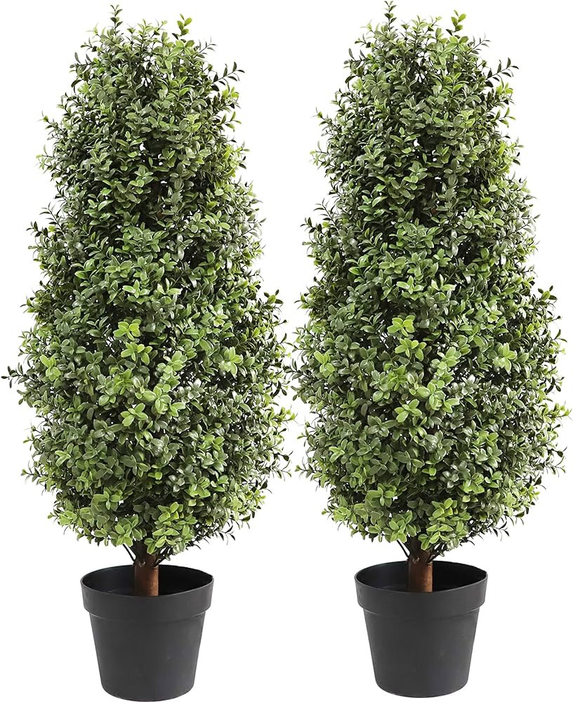 Artificial Topiary Boxwood Tree, Faux Shrub, Includes Black Plastic Pot, 2 Packs Fake Trees, Home... | Amazon (US)