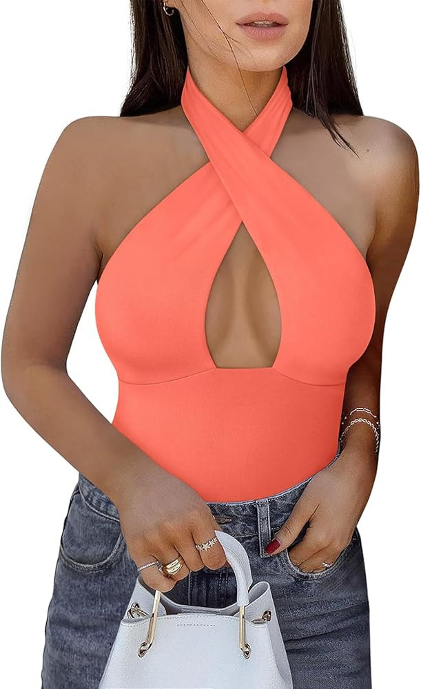 REORIA Butsmooth® Women's Trendy Sexy Criss Cross Halter Neck Sleeveless Thong Bodysuits Tops Cl... | Amazon (US)