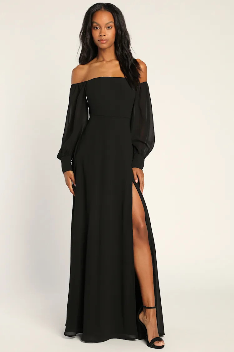 Feel the Romance Black Off-the-Shoulder Maxi Dress | Lulus