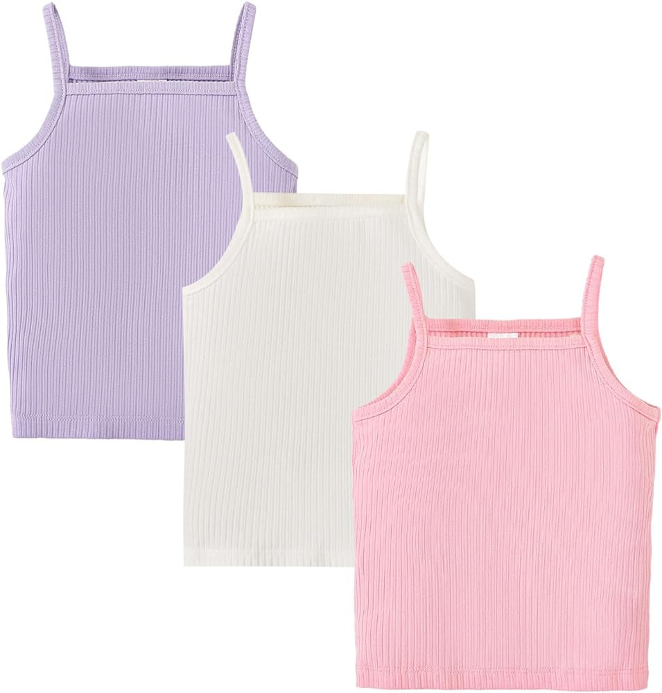 ROMPERINBOX Toddler Tank Tops Girls Spaghetti Strap Ribbed Knit 3 Pack Sleeveless Casual Basic Ca... | Amazon (US)