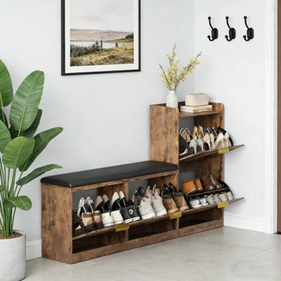Ideal Cottage Farmhouse Shoe Cabinet With Bench & 4 Flip-Drawers – Entryway Shoe Storage & Seating Organizer | Wayfair North America