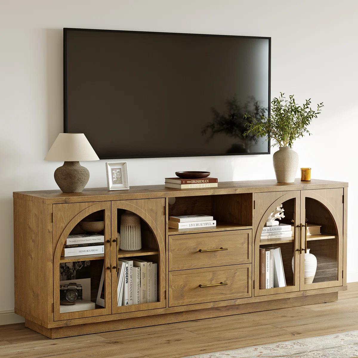 70" TV stand with arched glass doors; storage TV cabinet with drawers and cabinets; Media Console... | Wayfair North America