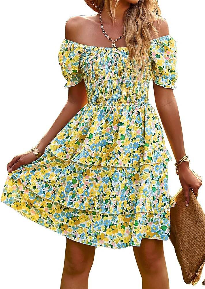 KIRUNDO Women's 2024 Summer Square Neck Smocked Floral Dress Boho Off Shoulder Ruffle Tiered Flow... | Amazon (US)