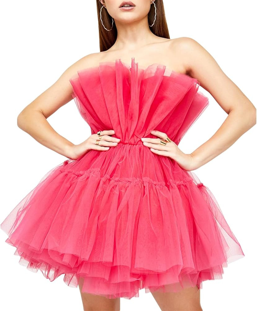 Womens Tube Tops Cocktail Party Dress Ruffle Tulle Skirts Off Shoulder MeshLace Layered Ruffles P... | Amazon (US)