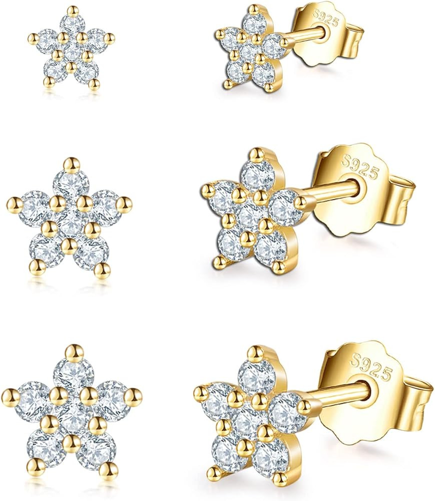 Sterling Silver Stud Earrings for Women Men, Flower Cubic Zirconia Stud Earrings Set | Small Cart... | Amazon (US)