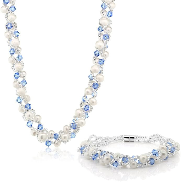 Gem Stone King 17 Inch White Cultured Freshwater Pearl and Blue Crystal Mash Necklace and Bracele... | Amazon (US)