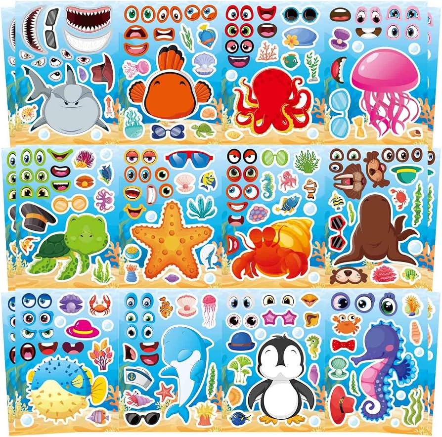 24 Sheets Ocean Stickers for Kids,Make a Face Sea Animal Mix and Match Sticker Sheets, Summer Sti... | Amazon (US)