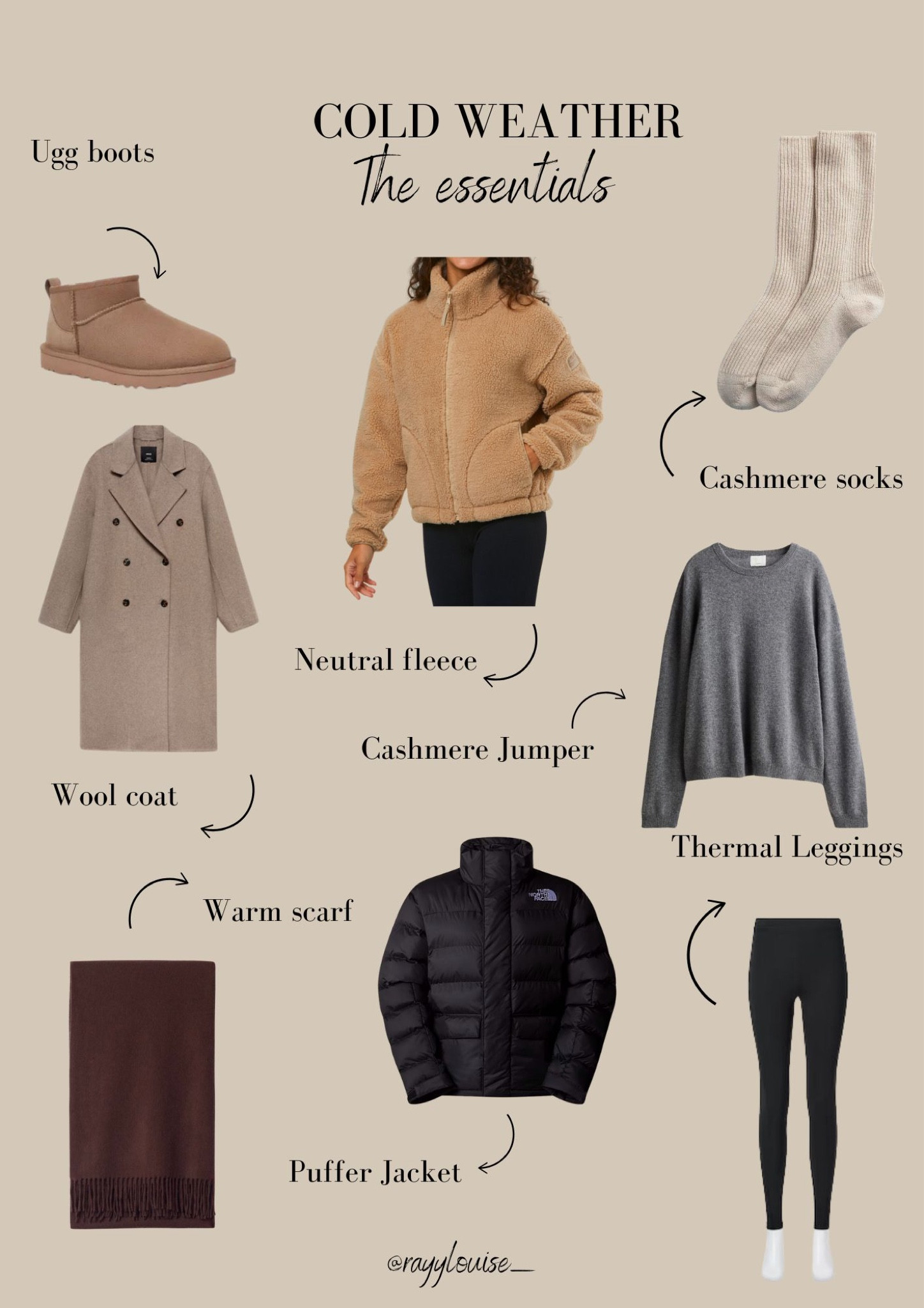 Cold weather essentials: Ugg boots, fleece jumper, cashmere socks, warm scarf, puffer jacket, thermal leggings, cashmere jumper, wool coat

#LTKautumn #LTKuk #LTKeurope