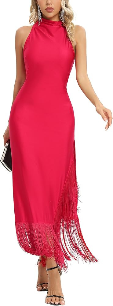 Aigeman Women Vintage Flapper Dresses 1920s Great Gatsby Halter Fringed Maxi Dress Tassels High S... | Amazon (US)