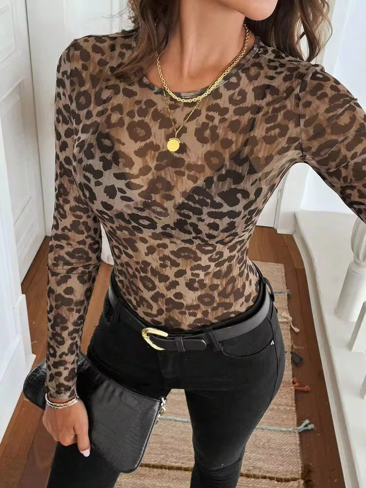 Easowa Round Neck Vintage Leopard Print Tight Mesh Top, Casual Commute Elegant Street Style, For ... | SHEIN