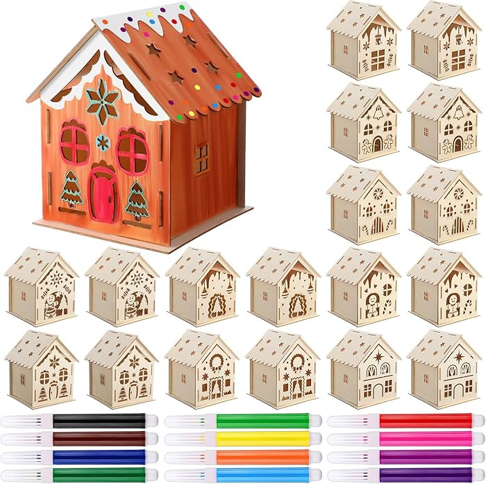 Kathfly 18 Sets Wooden Christmas Gingerbread Houses to Paint, Wood Houses Kit to Build with Water... | Amazon (US)