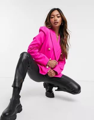 River Island double breasted nipped waist blazer in pink | ASOS (Global)