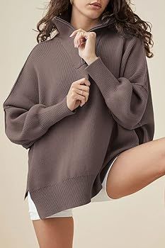 LILLUSORY Women's Oversized Sweaters 2023 Fall Zipper Collared Drop Shoulder Tunic Pullover Split... | Amazon (US)