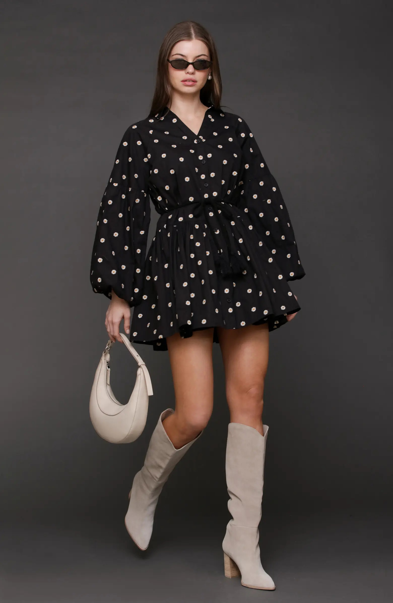 Avec Les Filles Embroidered Long Sleeve Babydoll Mini Shirtdress | Nordstrom | Nordstrom