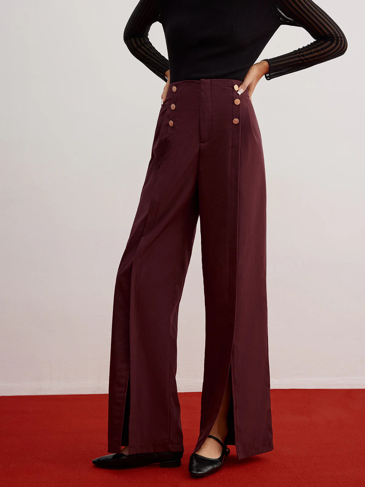 Button Decor Split Wide-Leg Pants | Commense