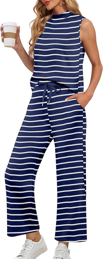 Lepunuo Two Piece Sets for Women Summer Mock Neck Sleeveless Top Wide Leg Pants Lounge Sets Vacat... | Amazon (US)