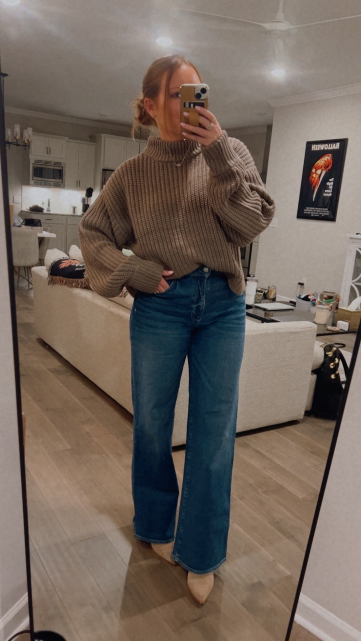 Chunky sweater / tts wearing a medium 
Wide leg jeans / tts wearing a 29
Suede booties / tts 
Evil eye necklace 

#LTKWorkwear #LTKootd #LTKSeasonal