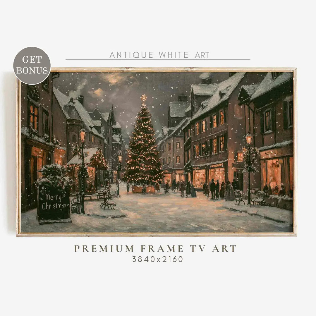 Christmas Tree Frame TV Art, Moody Winter Samsung Frame TV Art, Farmhouse Christmas, Vintage Town... | Etsy (US)