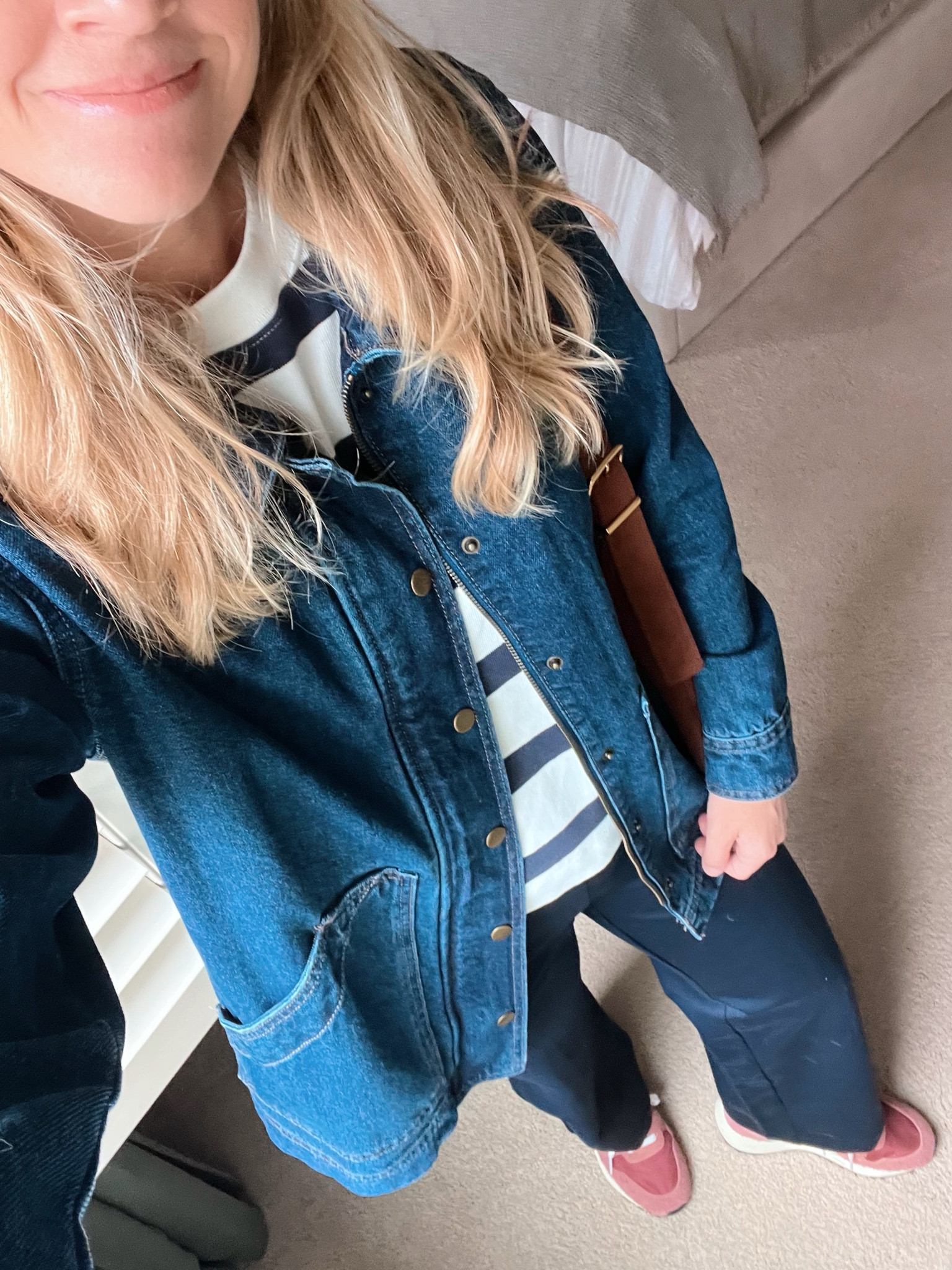 fall denim jacket - denim barn jacket - stripe long sleeve - navy pony pants - comfortable pants - fall sneakers - burgundy sneakers - suede hobo crossbody - madewell bag

#LTKStyleTip #LTKSeasonal