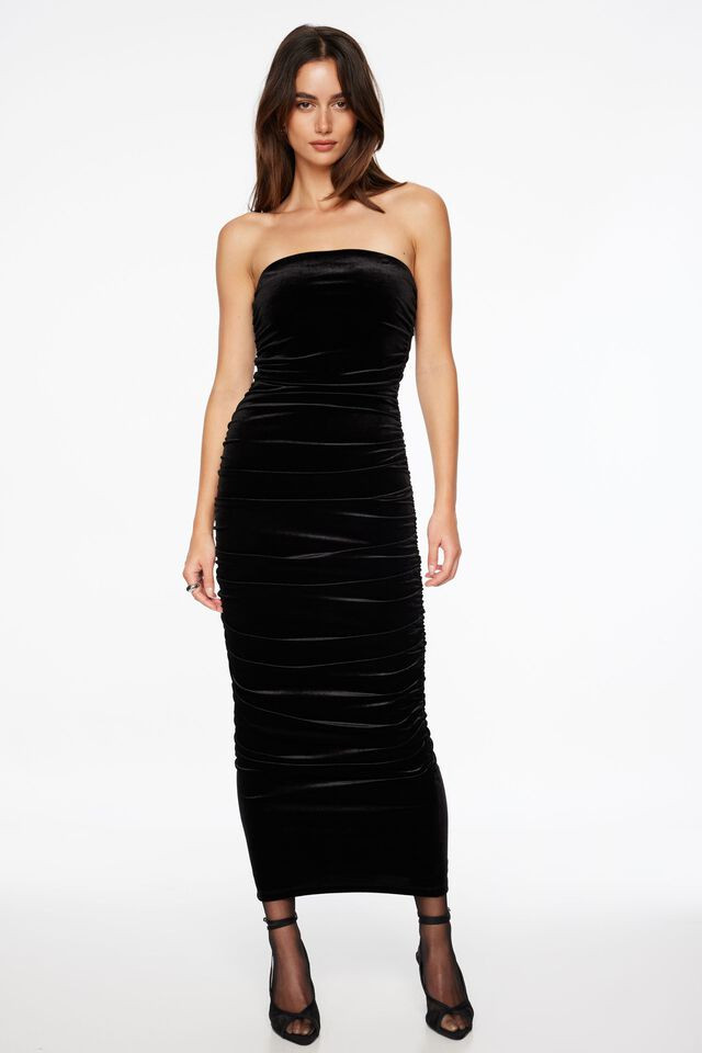 Ruched Tube Velvet Midi Dress | Dynamite Clothing