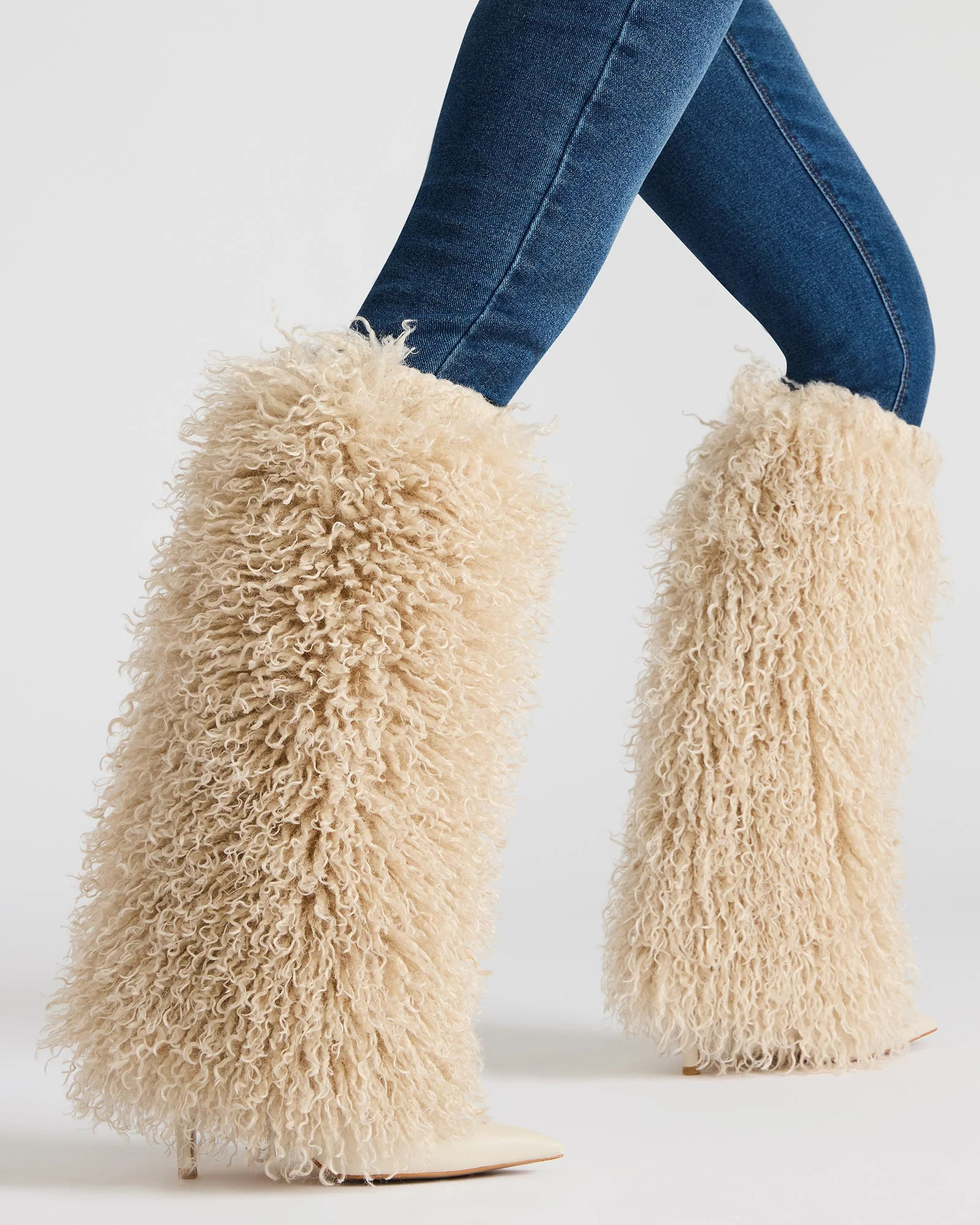 ICON Off-White Pointed-Toe Faux Fur Knee-High Stiletto Heel Women's Boot | Steve Madden (US)