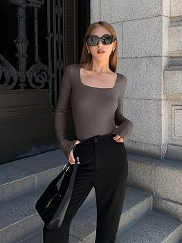 OQQ Women's 2 Piece Bodysuits Sexy Ribbed One Piece Square Neck Long Sleeve Bodysuits | Amazon (US)