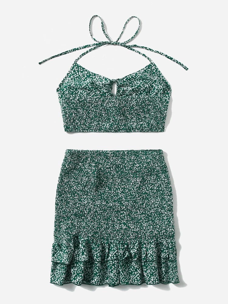 SHEIN Tie Front Ditsy Floral Halter Top & Shirred Layered Skirt | SHEIN