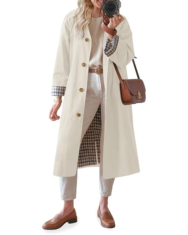 Tankaneo Womens Long Trench Coat Single Breasted Oversized Windproof Overcoat Fashion Outerwear | Amazon (US)