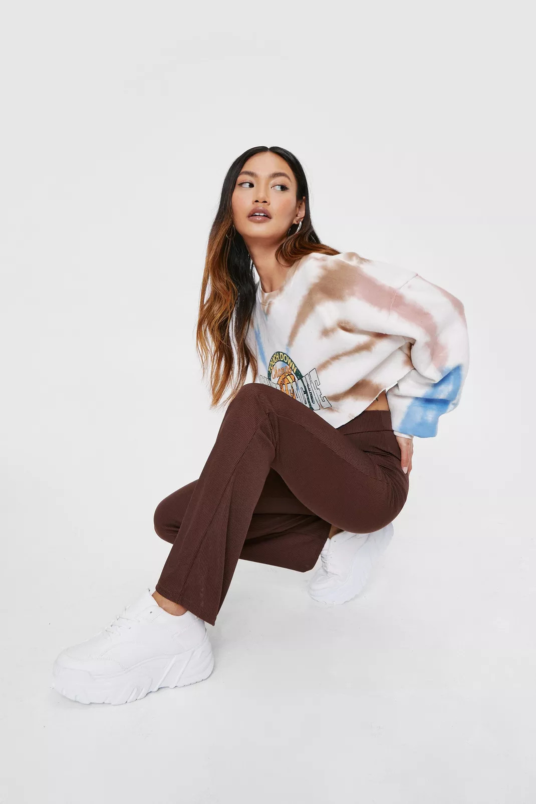 Petite Ribbed High Waisted Flare Pants | Nasty Gal (US)