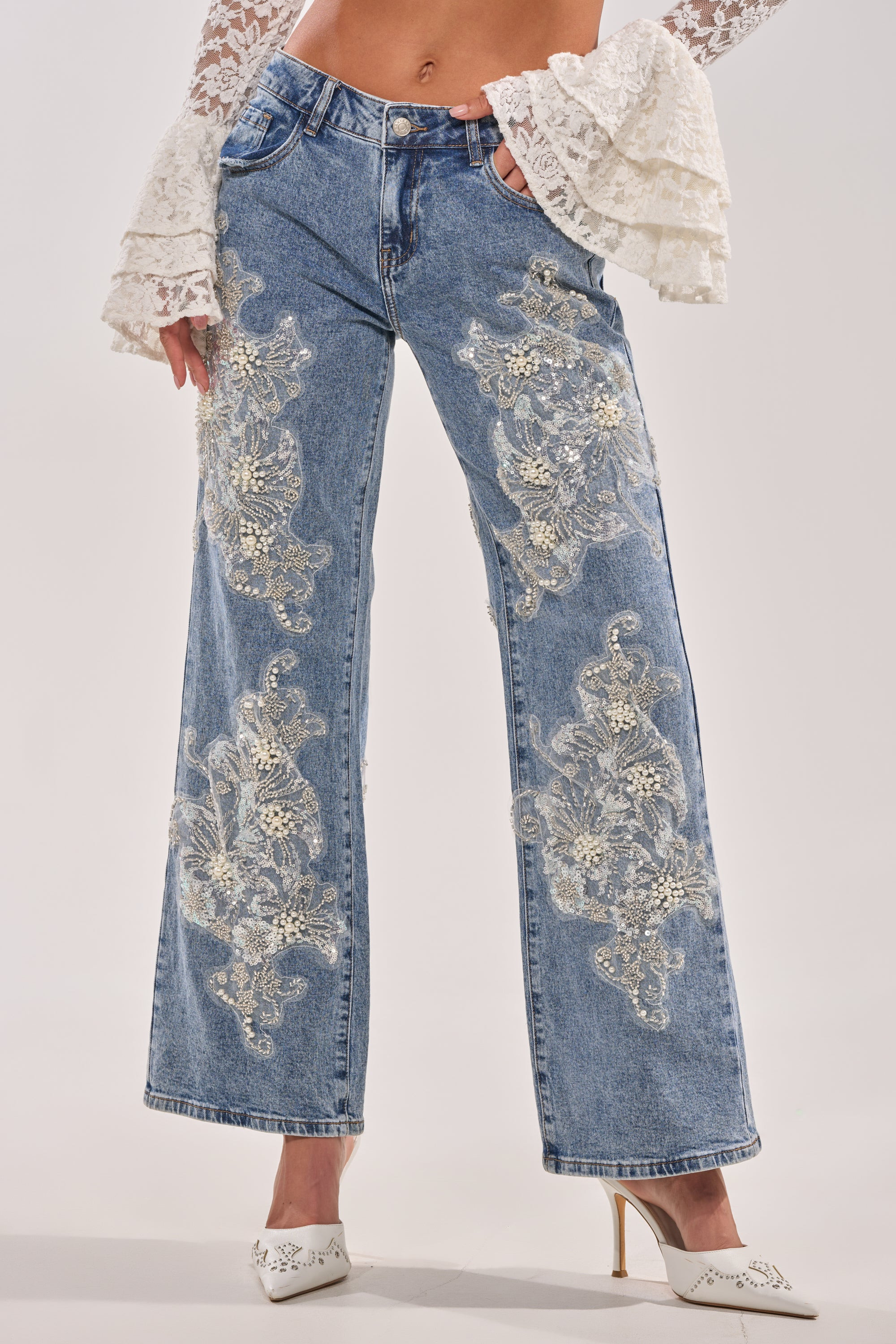 BILLIONAIRE BELLE RHINESTONE AND PEARL JEANS | AKIRA