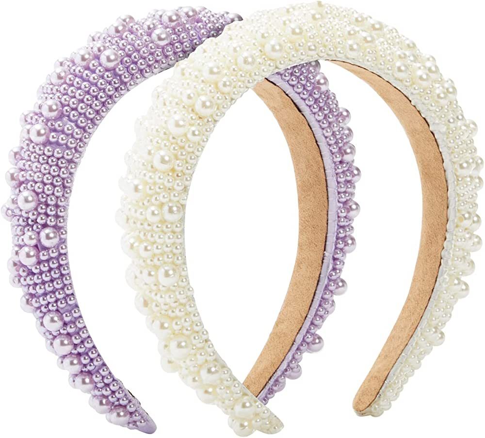 2 Pack Crystal Headbands for Women, Padded Pearl Headband (Lavender, White) | Amazon (US)