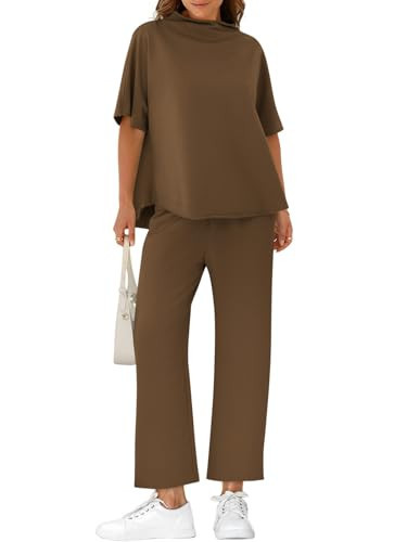 Yousify Lounge Sets for Women Summer 2 Piece Travel Outfits Crew Neck Half Sleeve Pullover Tops and High Waisted Wide Leg Long Pants Casual Set Brown L | Amazon (US)