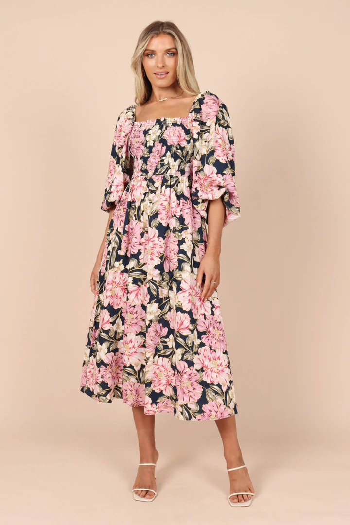 Primadona Shirred Midi Dress - Pink Floral | Petal & Pup (US)