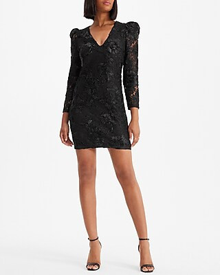 Lace V-Neck Puff Sleeve Mini Sheath Dress | Express