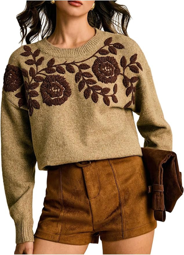 Verdusa Women's Boho Vintage Sweaters Floral Embroidery Fall Sweater | Amazon (US)